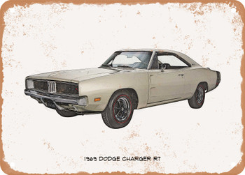 1969 Dodge Charger RT Pencil Sketch  - Rusty Look Metal Sign