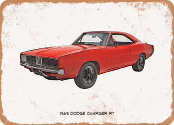 1969 Dodge Charger RT Pencil Sketch  -  Rusty Look Metal Sign