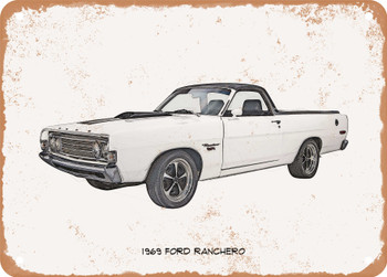 1969 Ford Ranchero Pencil Sketch - Rusty Look Metal Sign