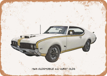 1969 Oldsmobile 442 Hurst Olds Pencil Sketch - Rusty Look Metal Sign