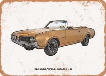 1969 Oldsmobile Cutlass 442 Pencil Sketch  - Rusty Look Metal Sign