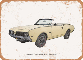 1969 Oldsmobile Cutlass 442 Pencil Sketch - Rusty Look Metal Sign