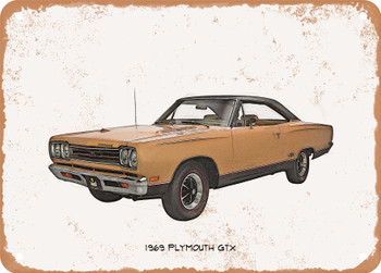 1969 Plymouth GTX Pencil Sketch  - Rusty Look Metal Sign
