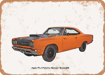 1969 Plymouth Road Runner A12 Pencil Sketch - Rusty Look Metal Sign