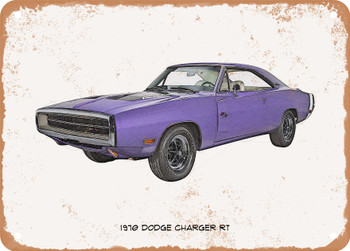 1970 Dodge Charger RT Pencil Sketch - Rusty Look Metal Sign