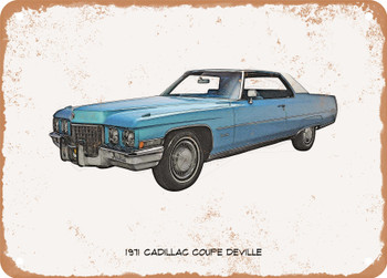 1971 Cadillac Coupe Deville Pencil Sketch - Rusty Look Metal Sign