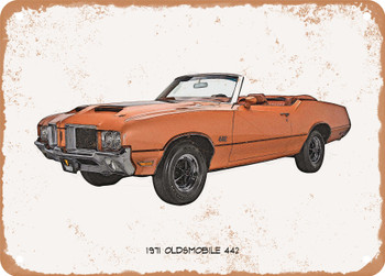 1971 Oldsmobile 442 Pencil Sketch  - Rusty Look Metal Sign