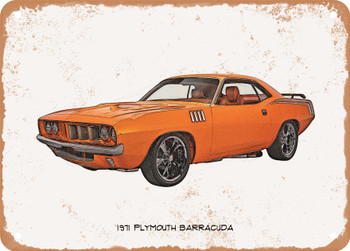 1971 Plymouth Barracuda Pencil Sketch - Rusty Look Metal Sign