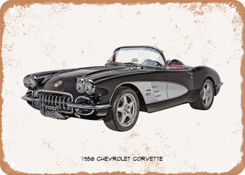 1958 Chevrolet Corvette Oil Painting -  Rusty Look Metal Sign