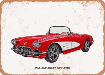 1958 Chevrolet Corvette Oil Painting  - Rusty Look Metal Sign