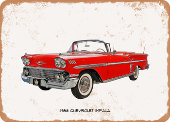 1958 Chevrolet Impala Oil Painting -  Rusty Look Metal Sign