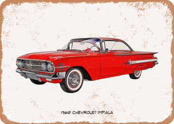 1960 Chevrolet Impala Oil Painting -  Rusty Look Metal Sign