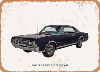 1967 Oldsmobile Cutlass 442 Oil Painting - Rusty Look Metal Sign