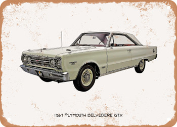 1967 Plymouth Belvedere GTX Oil Painting    - Rusty Look Metal Sign