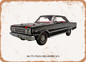 1967 Plymouth Belvedere GTX Oil Painting  - Rusty Look Metal Sign