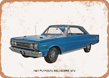 1967 Plymouth Belvedere GTX Oil Painting   - Rusty Look Metal Sign