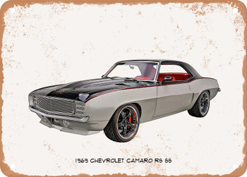 1969 Chevrolet Camaro RS SS Oil Painting   - Rusty Look Metal Sign