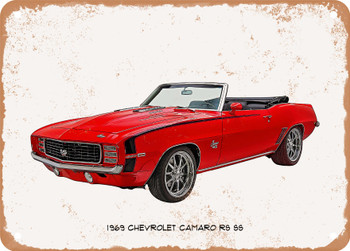1969 Chevrolet Camaro RS SS Oil Painting  - Rusty Look Metal Sign