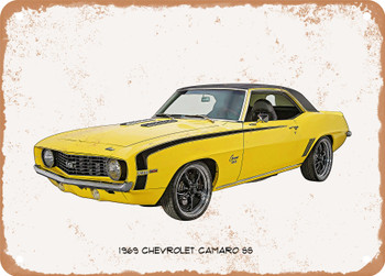 1969 Chevrolet Camaro SS Oil Painting  - Rusty Look Metal Sign
