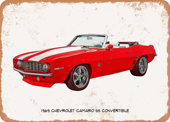 1969 Chevrolet Camaro SS Convertible Oil Painting  - Rusty Look Metal Sign