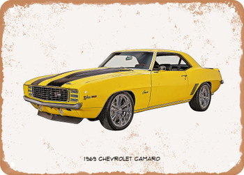 1969 Chevrolet Camaro Oil Painting   - Rusty Look Metal Sign