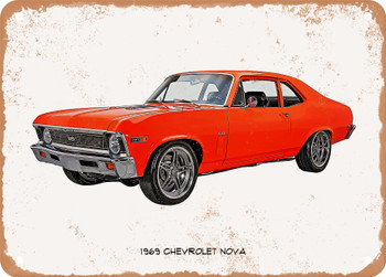 1969 Chevrolet Nova Oil Painting  - Rusty Look Metal Sign