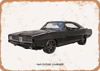 1969 Dodge Charger Oil Painting  - Rusty Look Metal Sign