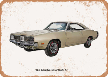 1969 Dodge Charger RT Oil Painting  - Rusty Look Metal Sign