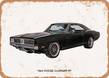 1969 Dodge Charger RT Oil Painting   - Rusty Look Metal Sign
