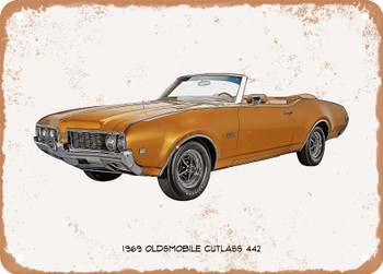 1969 Oldsmobile Cutlass 442 Oil Painting  - Rusty Look Metal Sign