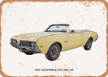 1969 Oldsmobile Cutlass 442 Oil Painting - Rusty Look Metal Sign