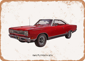 1969 Plymouth GTX Oil Painting   - Rusty Look Metal Sign
