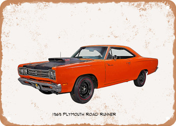 1969 Plymouth Road Runner A12 Oil Painting - Rusty Look Metal Sign