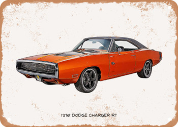 1970 Dodge Charger RT Oil Painting  - Rusty Look Metal Sign