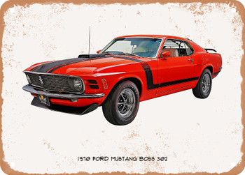 1970 Ford Mustang Boss 302 Oil Painting -  Rusty Look Metal Sign