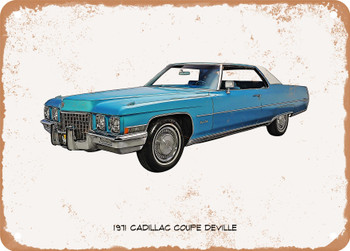 1971 Cadillac Coupe Deville Oil Painting - Rusty Look Metal Sign
