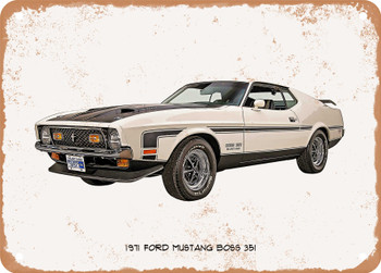 1971 Ford Mustang Boss 351 Oil Painting - Rusty Look Metal Sign
