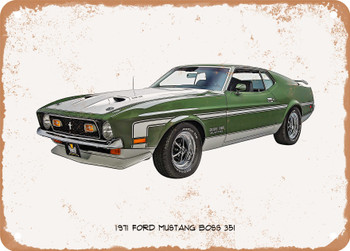 1971 Ford Mustang Boss 351 Oil Painting  - Rusty Look Metal Sign