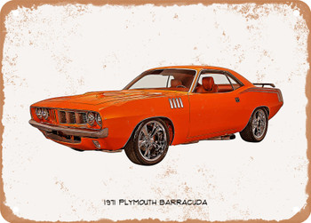 1971 Plymouth Barracuda Oil Painting  - Rusty Look Metal Sign