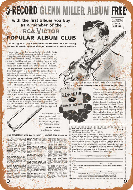 1958 RCA Victor Album Club Glenn Miller - Metal Sign 1958 RCA Victor Album Club Glenn Miller - Metal Sign