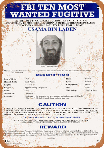 2001 Osama Bin Laden Wanted Poster - Metal Sign