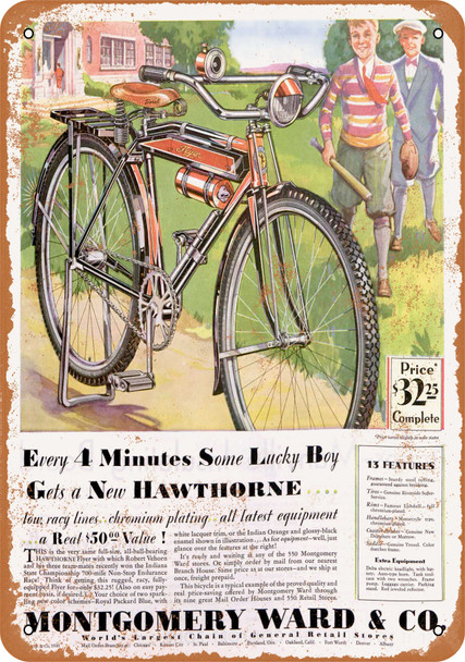 1930 Montgomery Ward Hawthorne Bicycles - Metal Sign