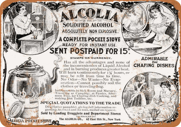 1899 Alcolia Non-Explosive Pocket Stove - Metal Sign