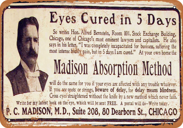 1905 Eyesight Cured in 5 Days - Metal Sign