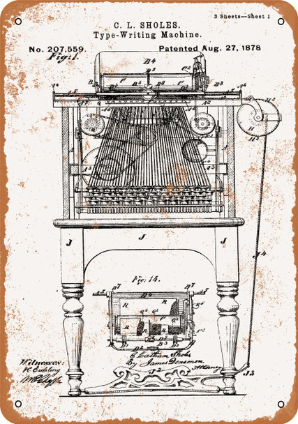 1878 Sholes Typewriter Patent - Metal Sign
