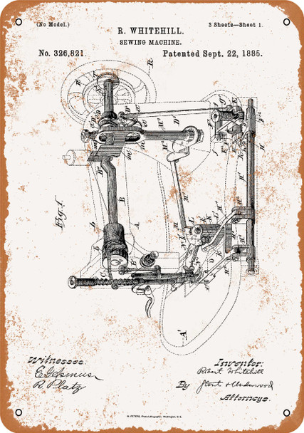 1885 Whitehill Sewing Machine Patent - Metal Sign