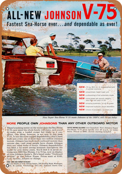 1960 Johnson Sea-Horse V-75 Outboard Motors - Metal Sign