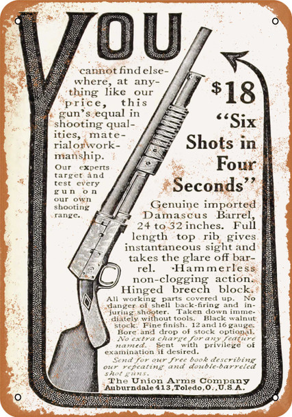 1911 Union Arms Pump Shotgun - Metal Sign