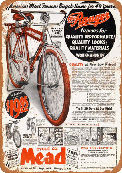 1936 Mead Ranger Bicycle - Metal Sign