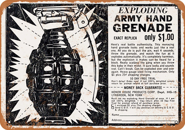 Exploding Army Hand Grenade Toy - Metal Sign
